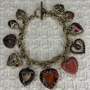Liz Claiborne heart charm bracelet, gold chain with gold, red rhinestone, enamel